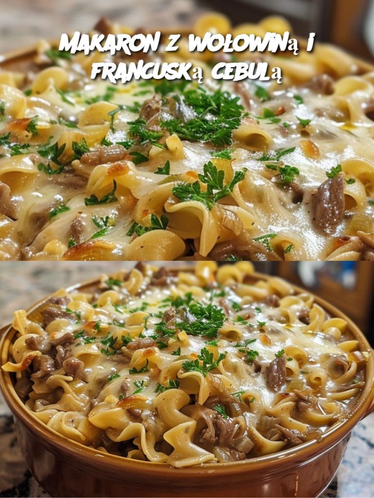 Makaron z wołowiną i francuską cebulą