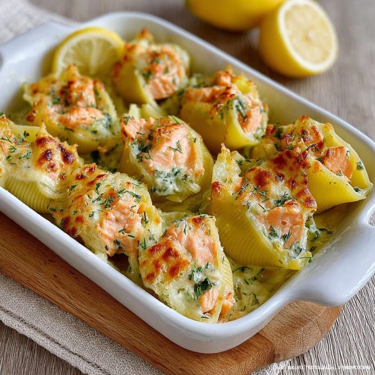 Conchiglioni z łososiem i zapiekanką porową